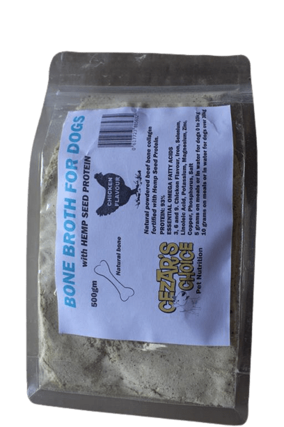 Cezar’s Bone Broth with Hemp Seed Protein can be added directly to food or in the drinking water.